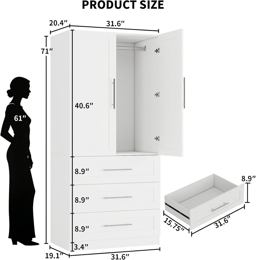 Armoire Wardrobe Closet with 3 Large Deep Drawers, 71" Tall Bedroom Armoires with 2 Doors & Hanging Rod, 20.4" Extra Deep Wood Wardrobe Cabinet, White, Single Wardrobe