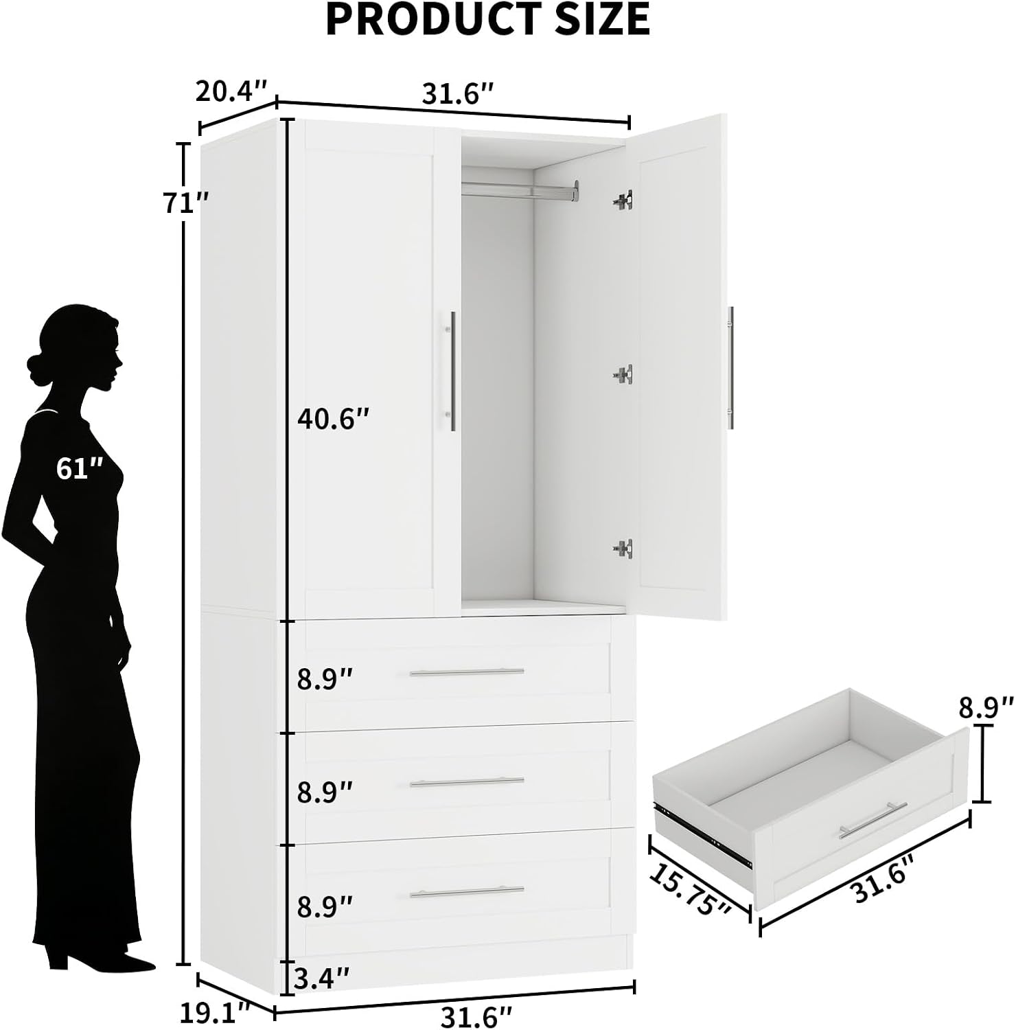 Armoire Wardrobe Closet with 3 Large Deep Drawers, 71" Tall Bedroom Armoires with 2 Doors & Hanging Rod, 20.4" Extra Deep Wood Wardrobe Cabinet, White, Single Wardrobe