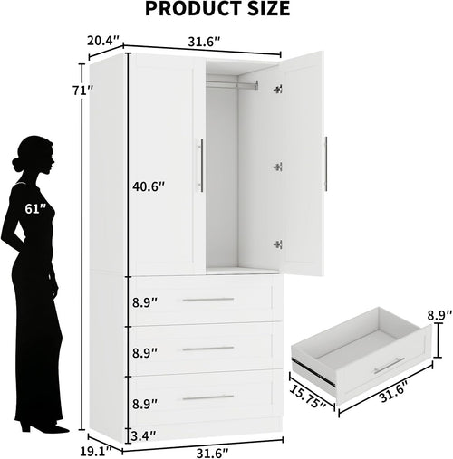 Armoire Wardrobe Closet with 3 Large Deep Drawers, 71" Tall Bedroom Armoires with 2 Doors & Hanging Rod, 20.4" Extra Deep Wood Wardrobe Cabinet, White, Single Wardrobe