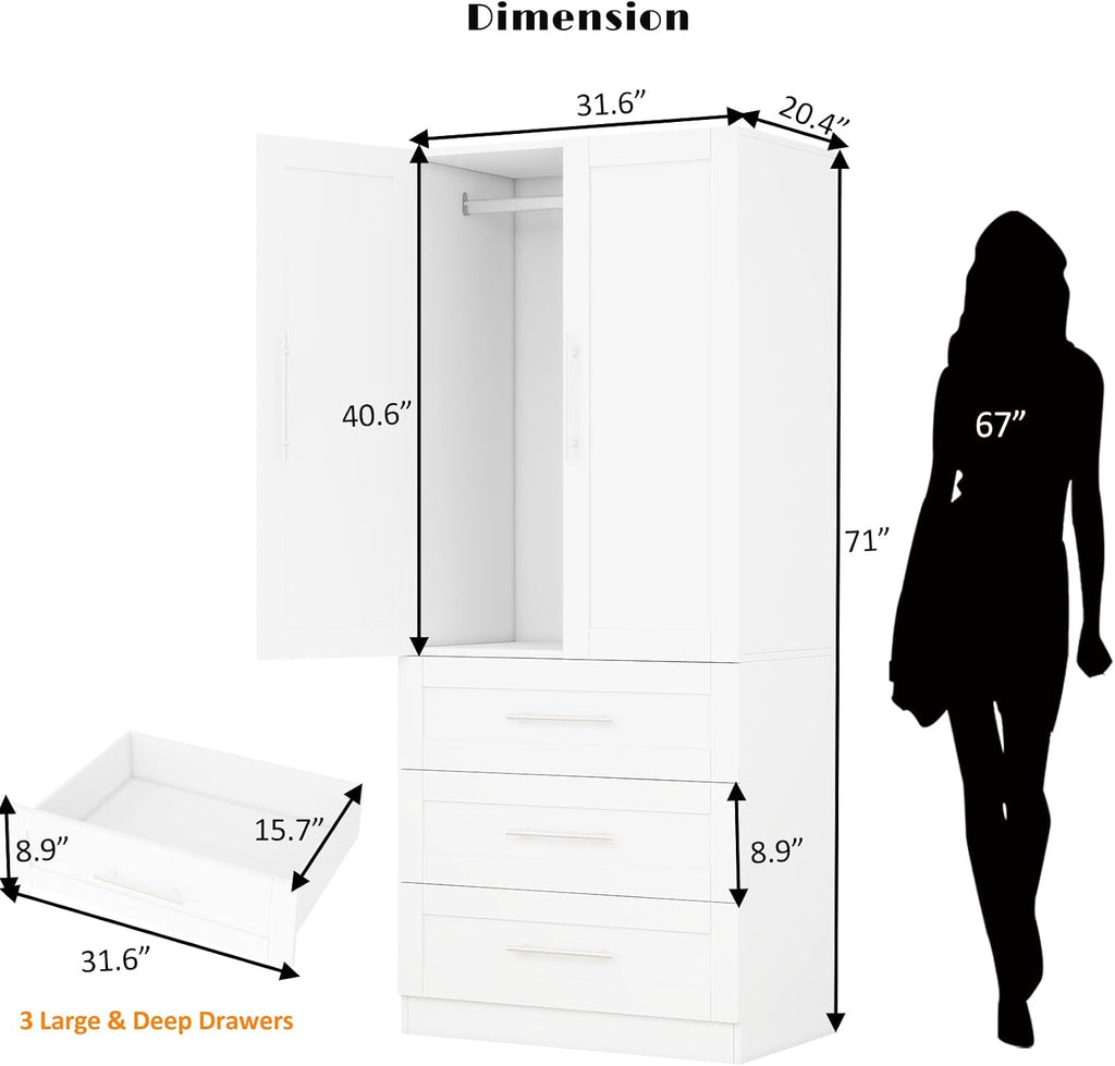 Armoire Wardrobe Closet with 3 Deep Drawers and Doors 71" Clothing Storage Cabinet with Hanging Rod Wooden Wardrobe Cabinet for Bedroom, Large Capacity Storage White