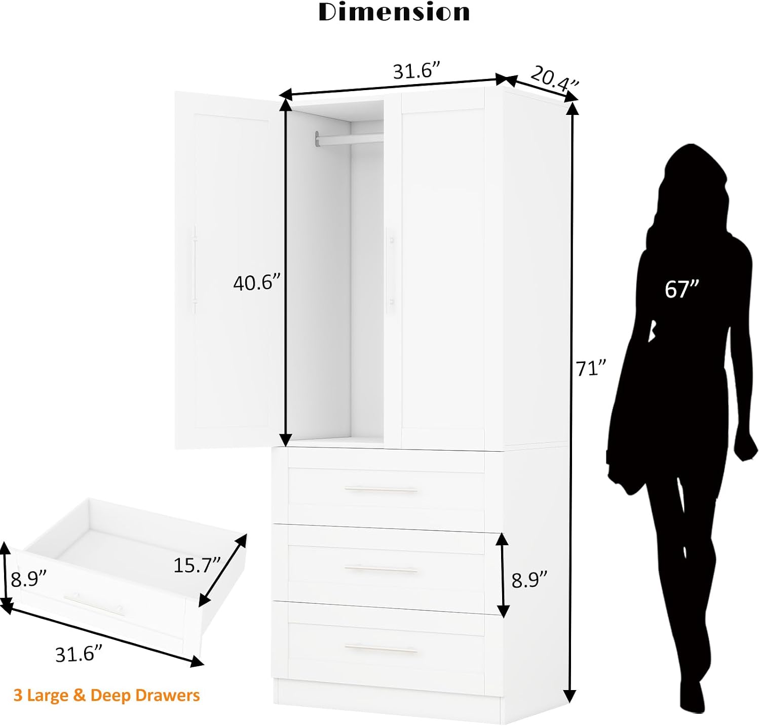 Armoire Wardrobe Closet with 3 Deep Drawers and Doors 71" Clothing Storage Cabinet with Hanging Rod Wooden Wardrobe Cabinet for Bedroom, Large Capacity Storage White