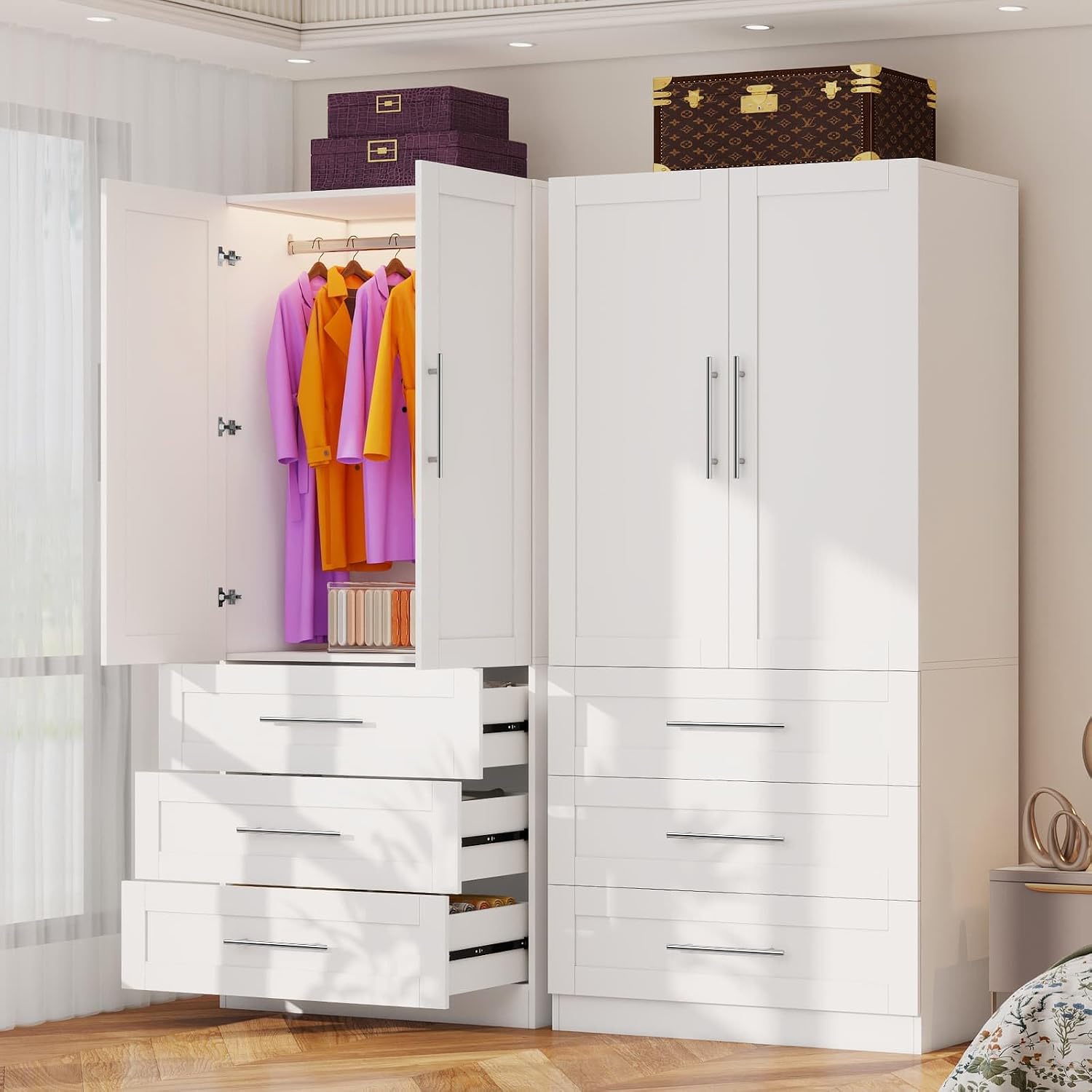 Armoire Wardrobe Closet with 3 Large Deep Drawers, 71" Tall Bedroom Armoires with 2 Doors & Hanging Rod, 20.4" Extra Deep Wood Wardrobe Cabinet, White, Single Wardrobe