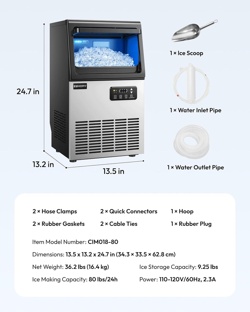 Commercial Nugget Ice Maker Machine, 80lbs/24H, Stainless Steel Under Counter Pebble Ice Maker with Water Filter, 9.25lbs Storage Bin, Soft Sonic Ice Machine for Home/Bar/Cafe/Restaurant