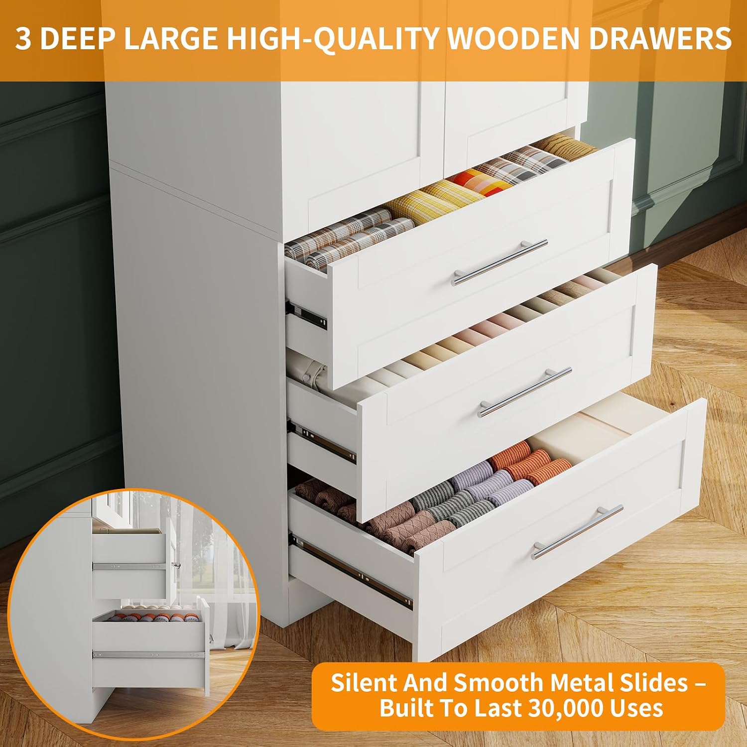 Armoire Wardrobe Closet with 3 Large Deep Drawers, 71" Tall Bedroom Armoires with 2 Doors & Hanging Rod, 20.4" Extra Deep Wood Wardrobe Cabinet, White, Single Wardrobe