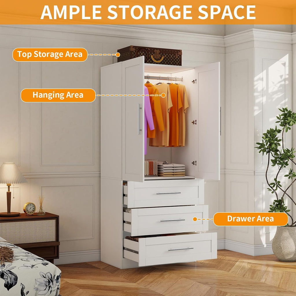 Armoire Wardrobe Closet with 3 Large Deep Drawers, 71" Tall Bedroom Armoires with 2 Doors & Hanging Rod, 20.4" Extra Deep Wood Wardrobe Cabinet, White, Single Wardrobe