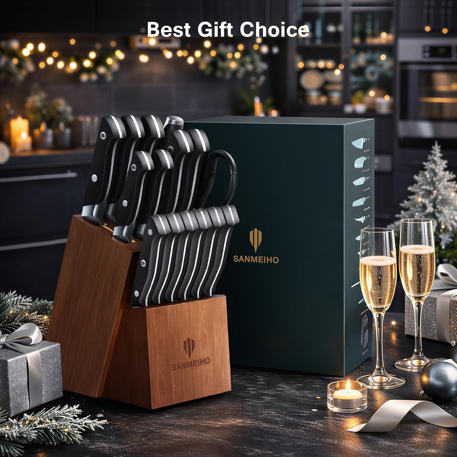 16 PCS Knife Set with Block, Japanese Kitchen Knife Set with 5 Layers High Carbon 9Cr18Mov Stainless Steel, Ultra-Sharp Professional Chef Cooking Knives with Ergonomic Handle, Dishwasher Safe